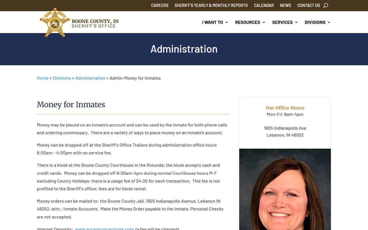 Boone County Jail inmate money kiosk and deposit rules